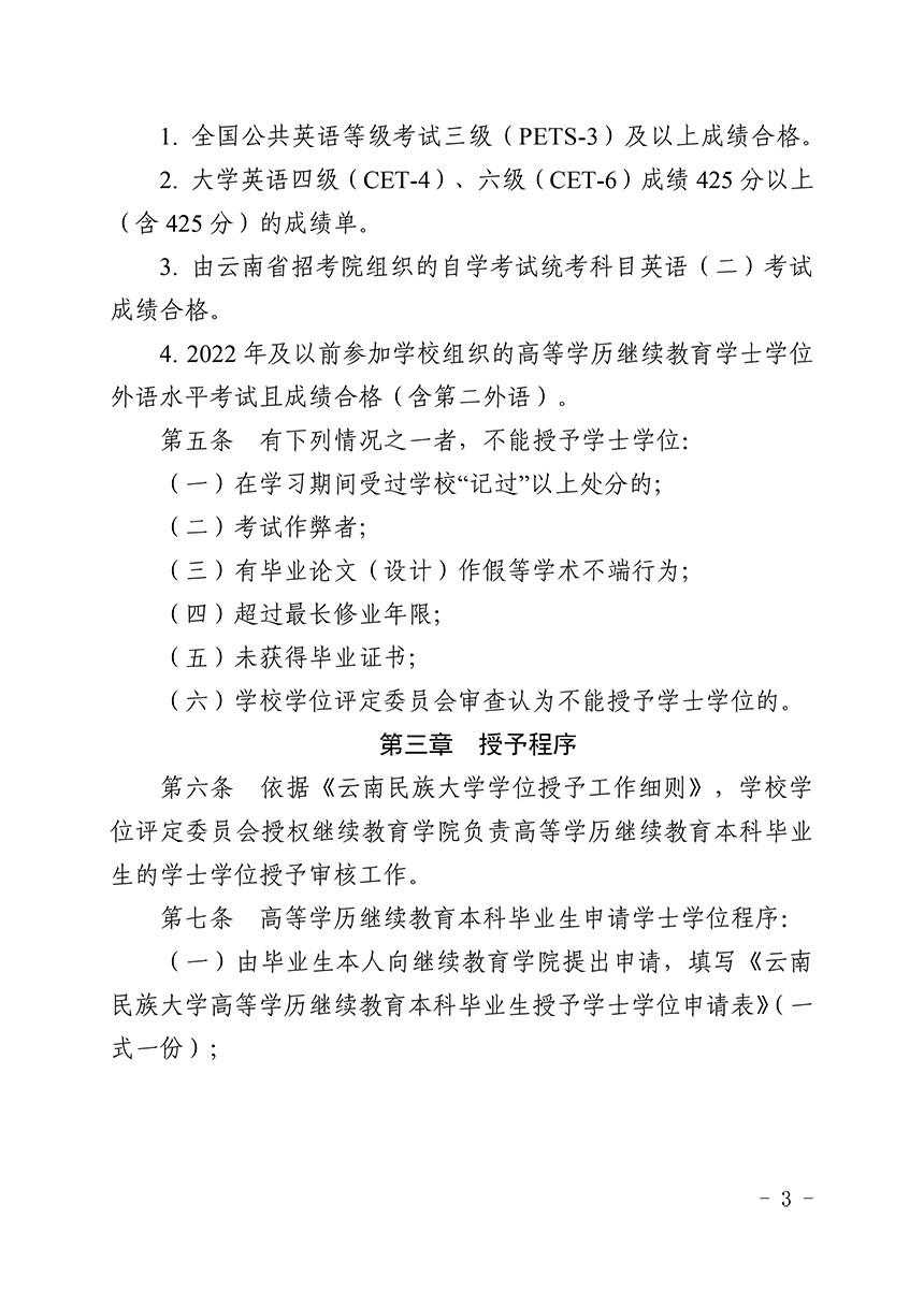 关于印发《云南民族大学授予高等学历继续教育本科毕业生学士学位实施细则（试行）》的通知