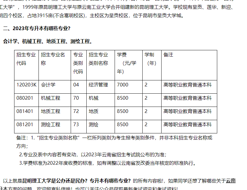 昆明理工大学是公办还是民办?专升本有哪些专业?