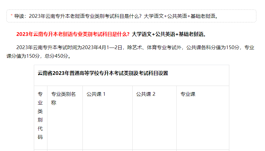2023年云南专升本老挝语专业类别考试科目是什么？