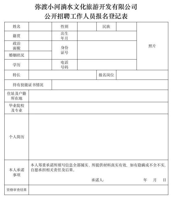弥渡小河淌水文化旅游开发有限公司关于公开招聘工作人员的通告
